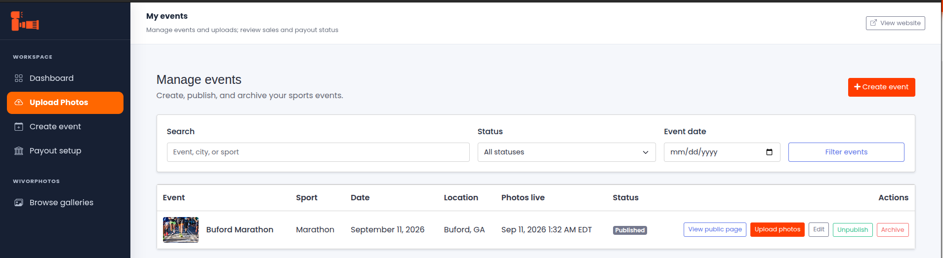 My Events page showing event search and the Upload photos button
