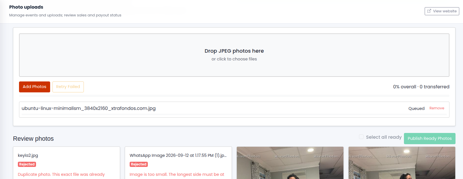 A queued JPEG beside the Add Photos button